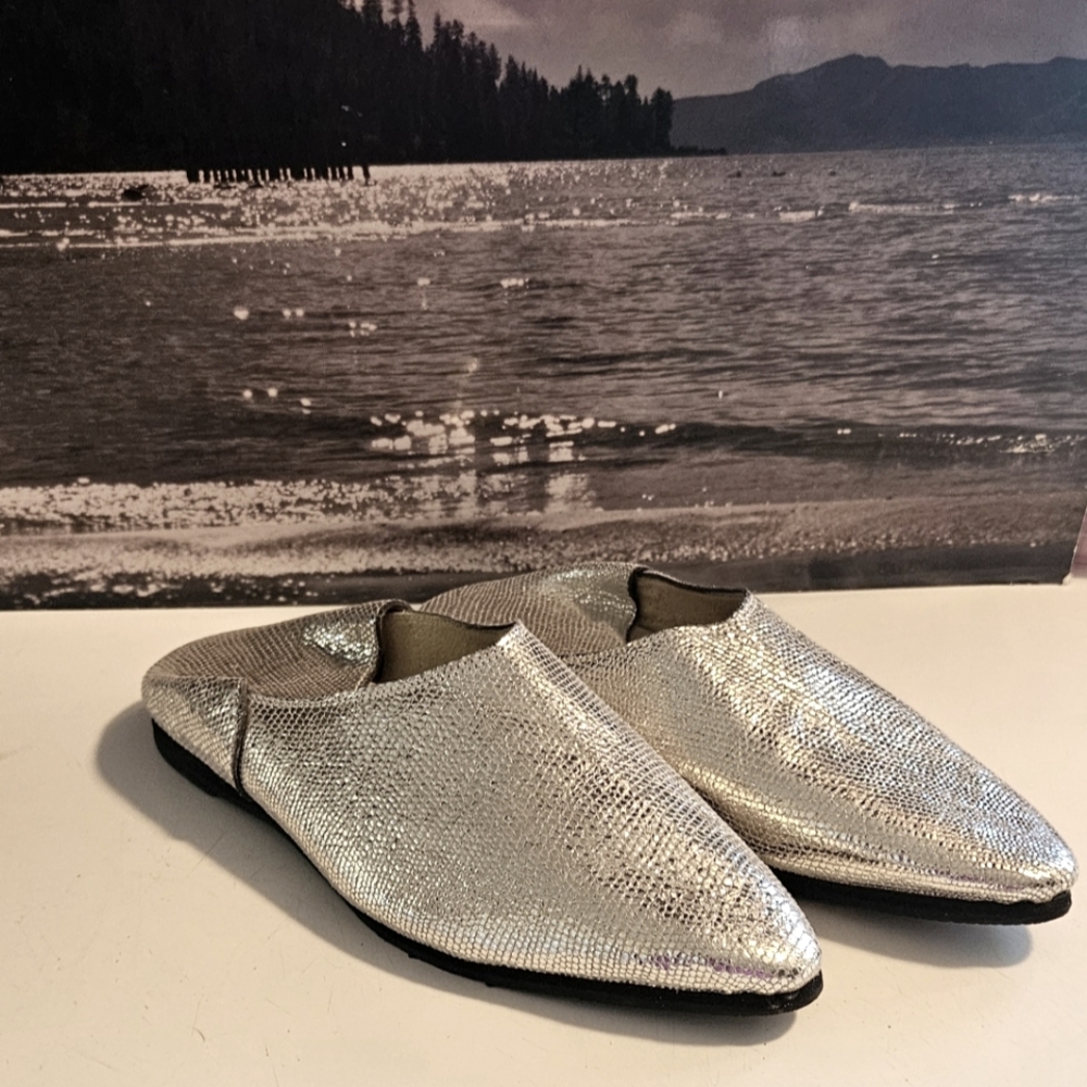 Pointed Metallic Silver Slip-On Mules for Women